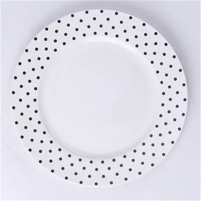 White ceramic dessert plate with black polka dot border from decorbites ceramic dessert plates collection