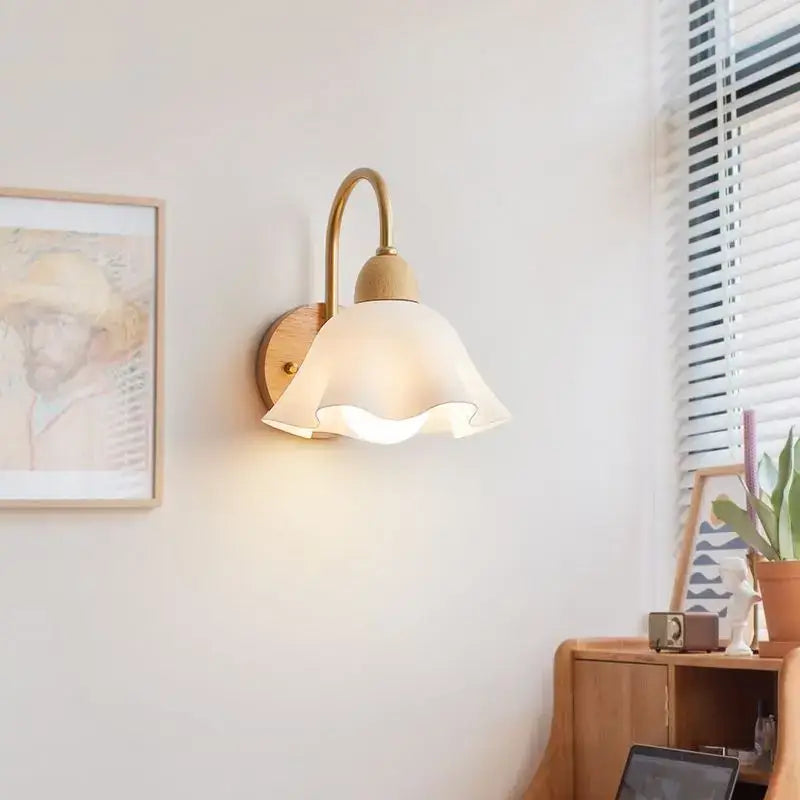 Scandinavian brass and cream led wooden wall lamp with off-white translucent glass shade and ruffled edge for bedroom decorbites cream led