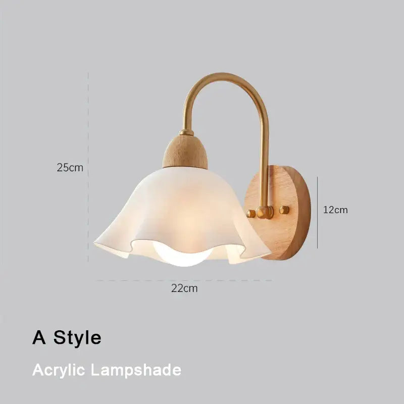 Scandinavian brass and cream led wooden wall lamp with off-white acrylic ruffled shade for bedroom decorbites cream led