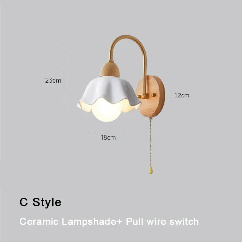 Scandinavian cream led wooden wall lamp with delicate white ceramic shade and brass arm for bedroom decorbites cream led lighting