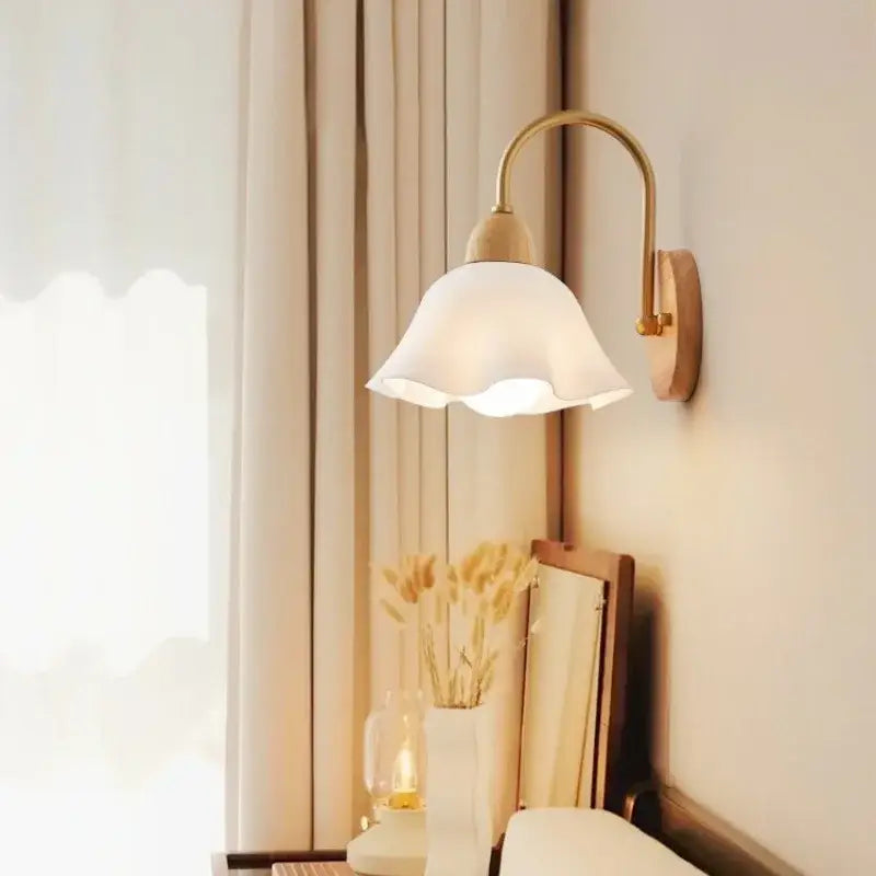 Scandinavian brass wall lamp with cream led wooden base and frosted glass shade for bedroom decorbites cream led