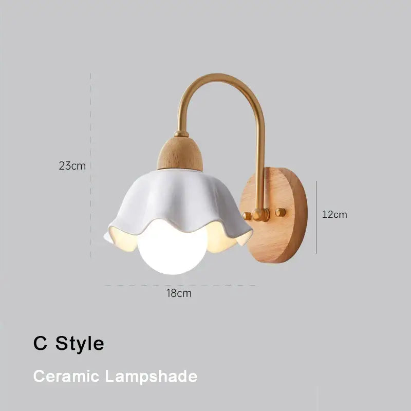 C-style wall lamp with cream led wooden base, brass arm, and white ceramic lampshade for bedroom decorbites cream led
