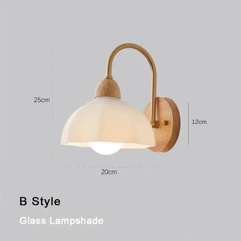 Scandinavian brass and cream led wooden wall lamp with warm-toned glass shade for bedroom decorbites cream led lighting