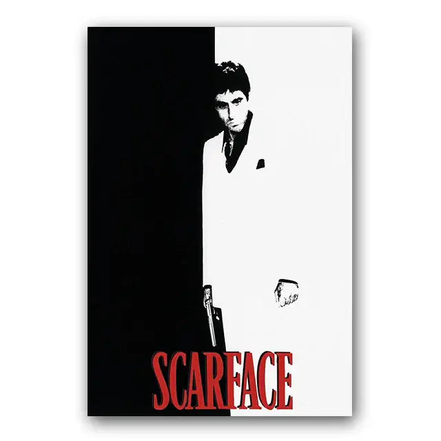 Black-and-white scarface movie poster featuring a stylized tony montana portrait with bold red title on canvas wall art print