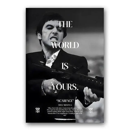 Black-and-white tony montana canvas wall art from decorbites featuring rifle and the world is yours text