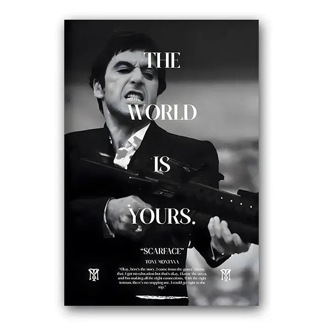Black-and-white tony montana canvas wall art from decorbites featuring rifle and the world is yours text
