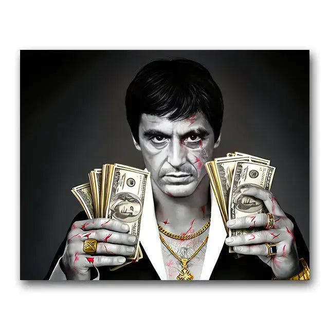 Decorbites tony montana canvas wall art print featuring black and white portrait with gold jewelry and red streaks