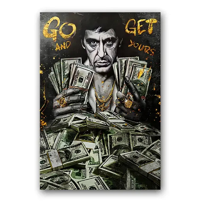 Decorbites tony montana canvas wall art print featuring black and gold graffiti style portrait with money and bold text