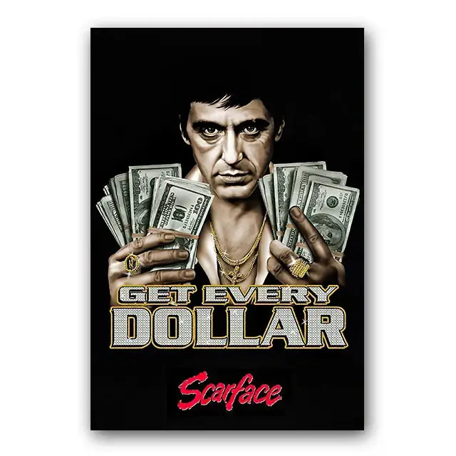 Black scarface tony montana canvas wall art print featuring stylized portrait holding stacks of us dollar bills
