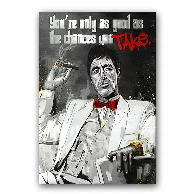 Black and white tony montana canvas wall art featuring a man in a white suit with a red bow tie holding a cigar