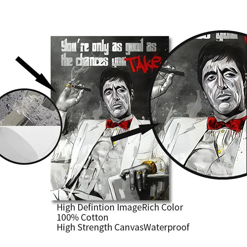 Black and white tony montana canvas wall art print with man in white suit and red bow tie titled DecorBites scarface