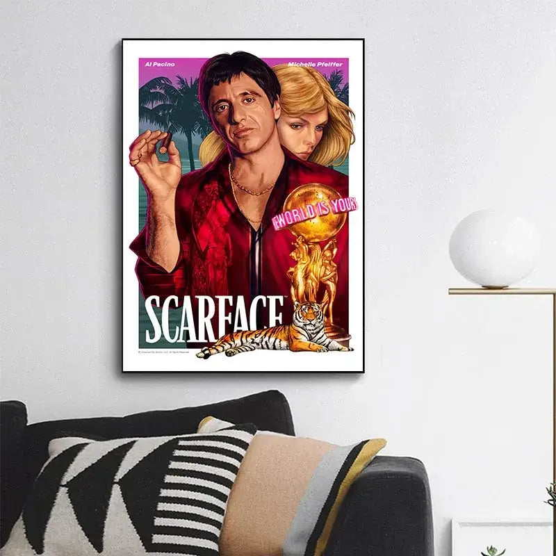 A framed scarface tony montana canvas wall art print featuring al pacino in a red jacket with michelle pfeiffer