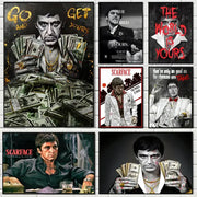 Six framed scarface tony montana canvas wall art prints featuring black and white and stylized color designs