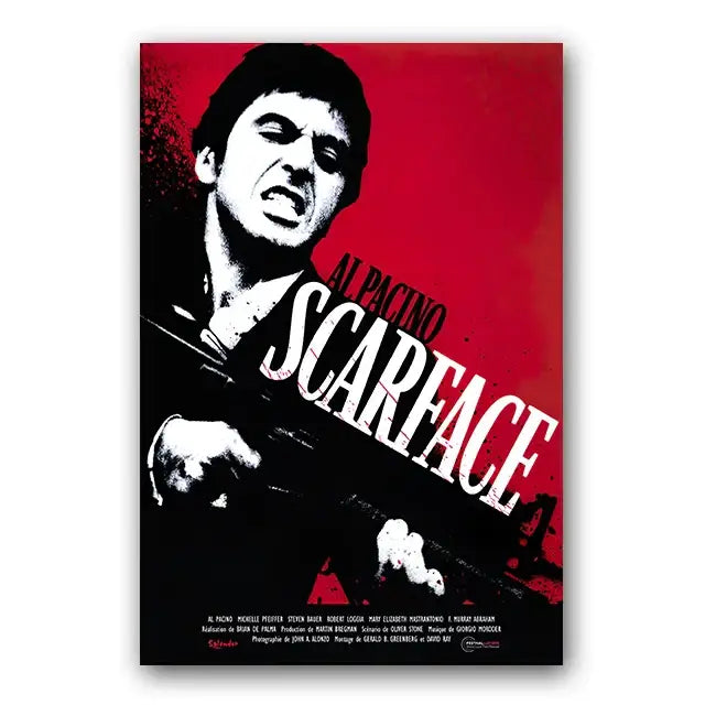 Vibrant red and black scarface tony montana canvas wall art print featuring a stylized portrait holding a gun