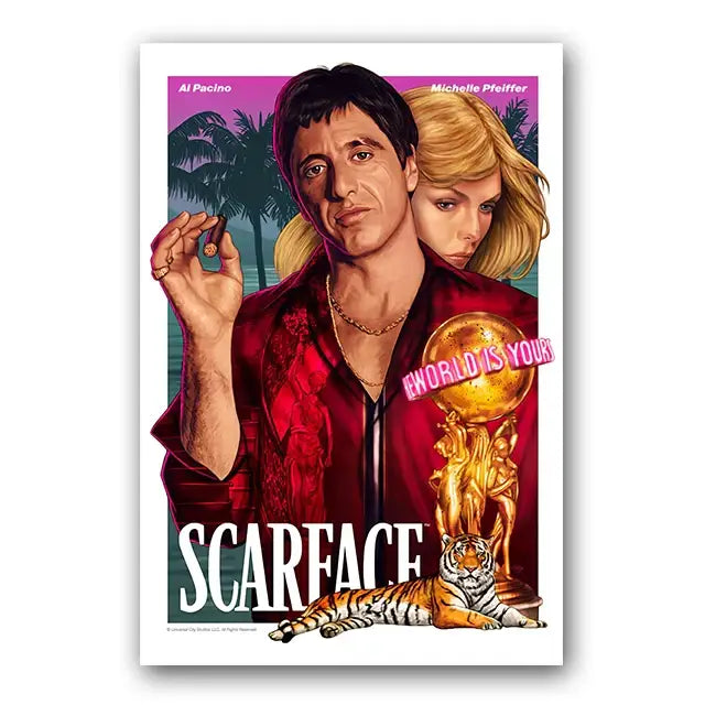 Decorbites tony montana canvas wall art featuring vibrant red satin shirt with gold chain and golden globe trophy design