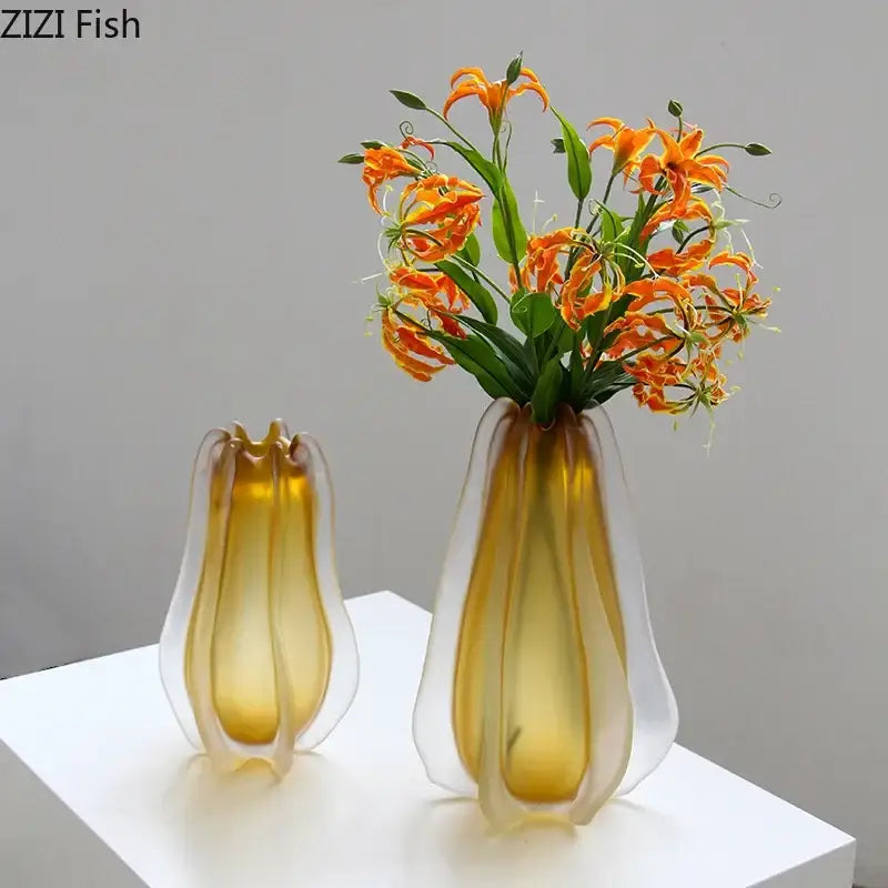 Translucent amber glass vase with sculpted petal design for living room decor featuring decorbites carambola glass vase