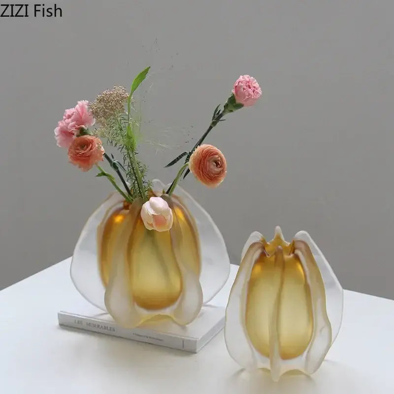 Translucent amber glass vase with sculpted petal design and white outer layer for living room decorbites carambola glass