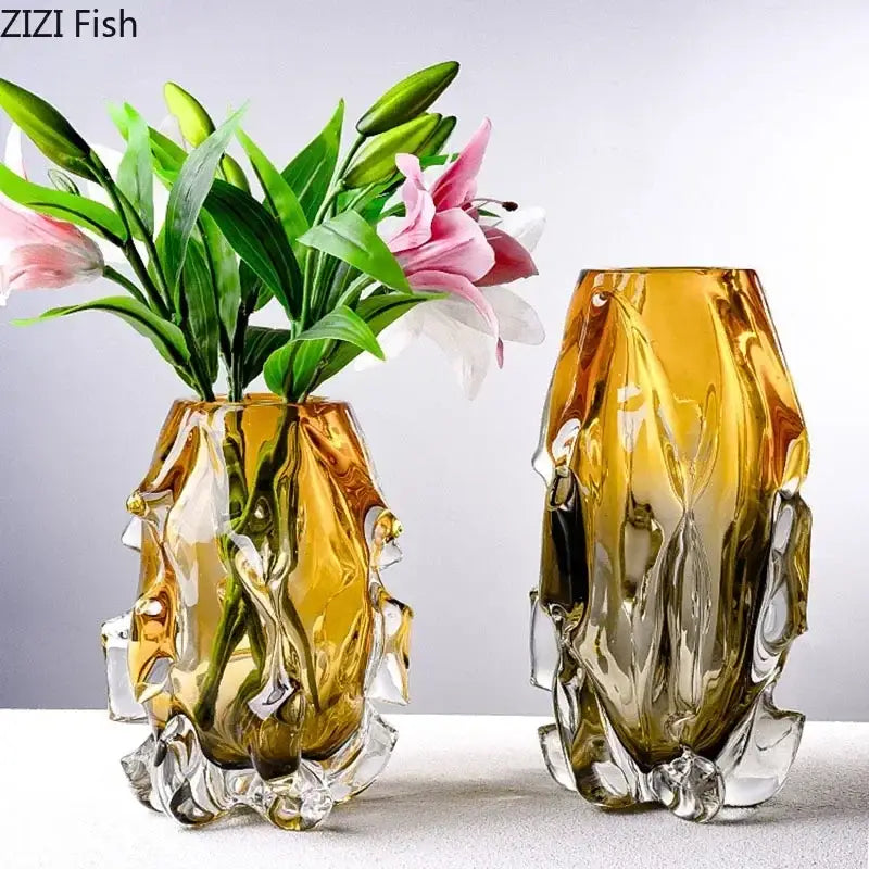 Sculpted amber glass vase with organic textured design for living room floral decor by decorbites amber glass