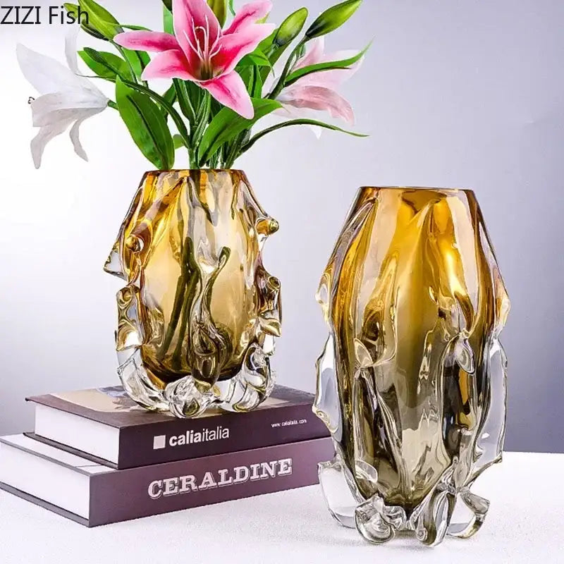 Two amber glass vases with textured sculpted design by decorbites perfect for living room floral decor