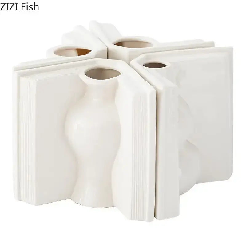 White ceramic vase with modern sculpted book design featuring four interlocking sections for creative flowers desk decoration