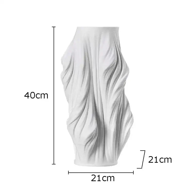 A tall 40cm white sculpted ceramic vase with flowing fabric design and purple flowers for bedroom decorbites ceramic vase