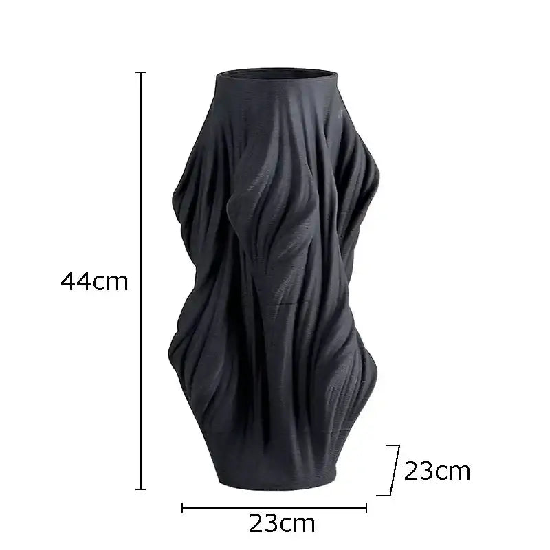 Tall matte black decorbites ceramic vase with flowing ribbed texture for bedroom decor measuring 44cm by 23cm