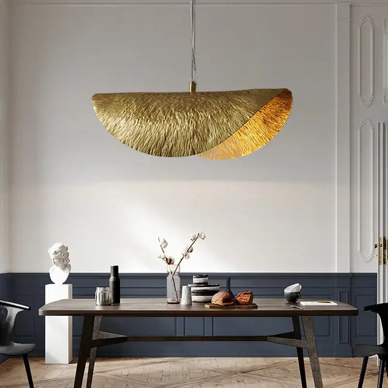 Sculptural brass lotus leaf chandelier with golden textured fan-like pendant light for dining room decorbites brass lotus