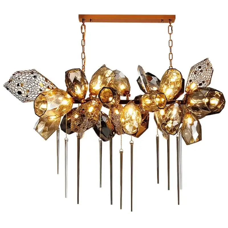 Sculptural gold pendant light with faceted glass shades and metallic rods for dining room illumination