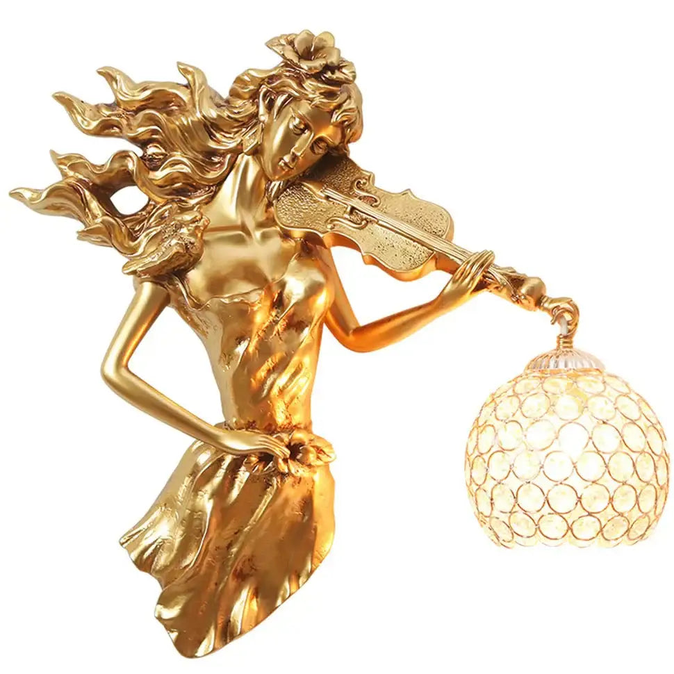 Golden sculptural violinist wall lamp with ornate crystal globe as a crystal wall lamp living room sconce