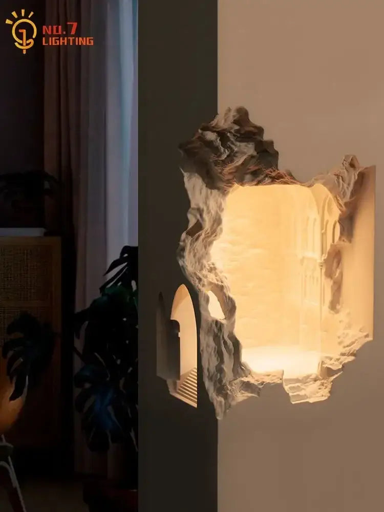 Sculptural stone embedded night light wall sconces with textured exterior and warm amber light for corridor use