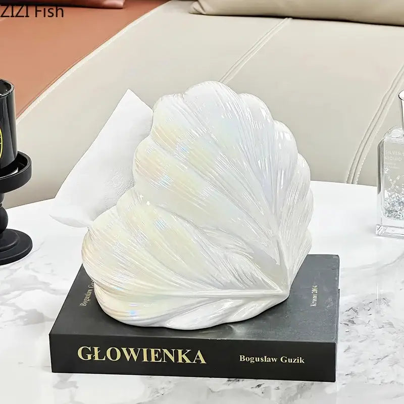 Iridescent white ceramic seashell tissue box with decorbites heart feather design for elegant bedroom decor