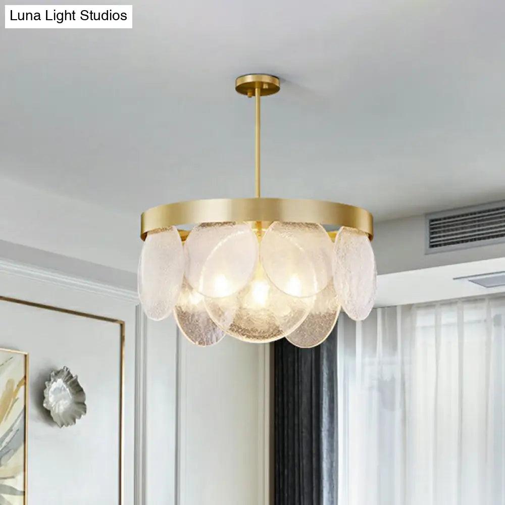 Seeded Glass Disc Chandelier with Brass Finish: 3-Light Pendant for Postmodern Living Room