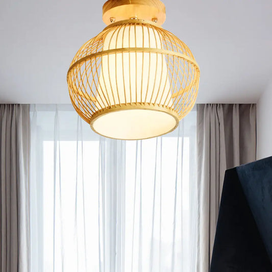 DecorBites™ DecorBites™ Semi Flush Asian Ceiling Light with Bamboo Shade - Wood Finish