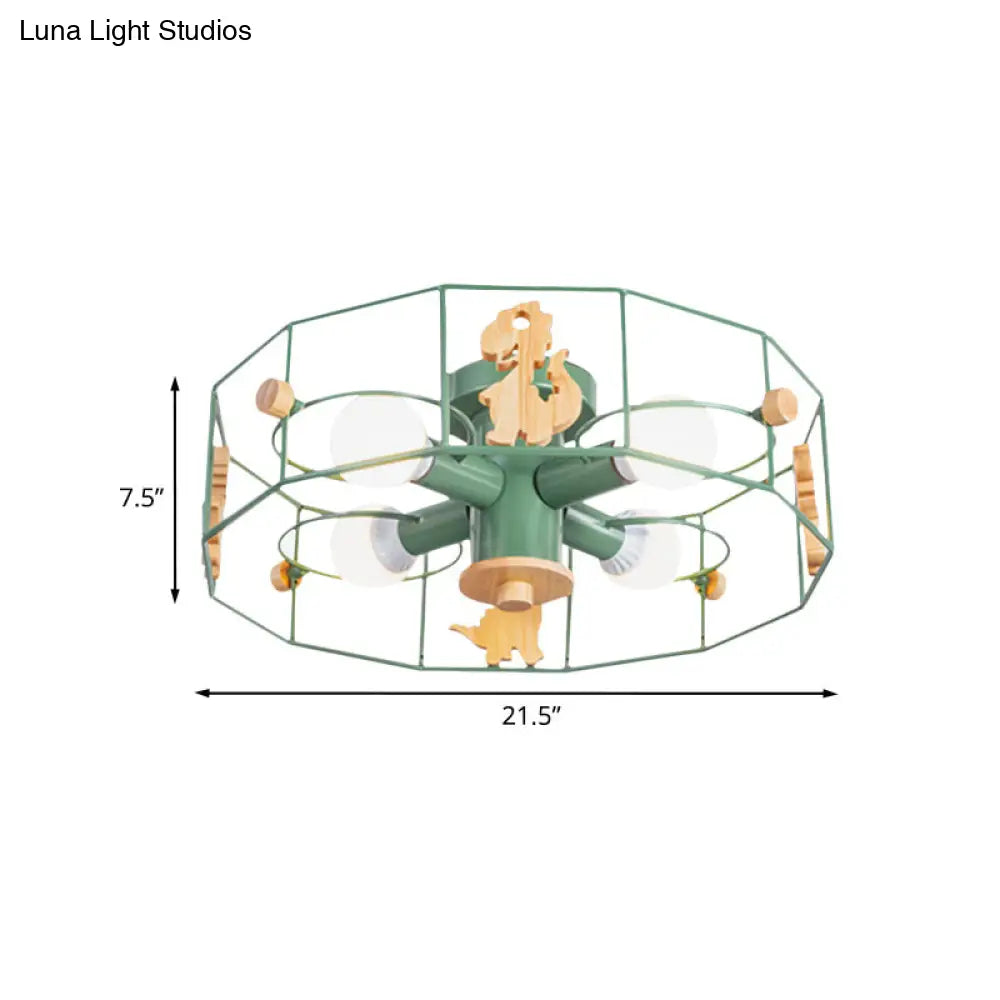 DecorBites™ DecorBites™ Semi Flush Cartoon Iron Drum Frame Light with 4 Green Lights - Close to Ceiling Lamp