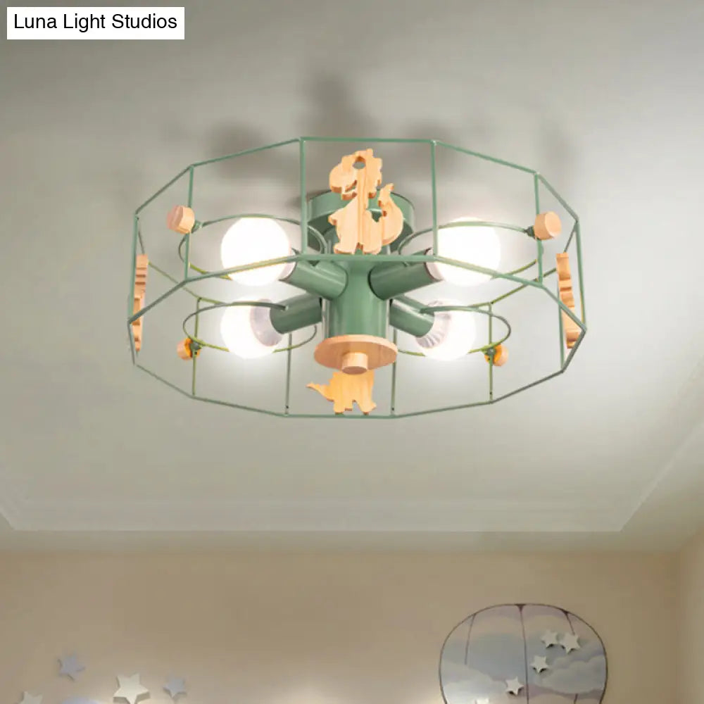 DecorBites™ DecorBites™ Semi Flush Cartoon Iron Drum Frame Light with 4 Green Lights - Close to Ceiling Lamp