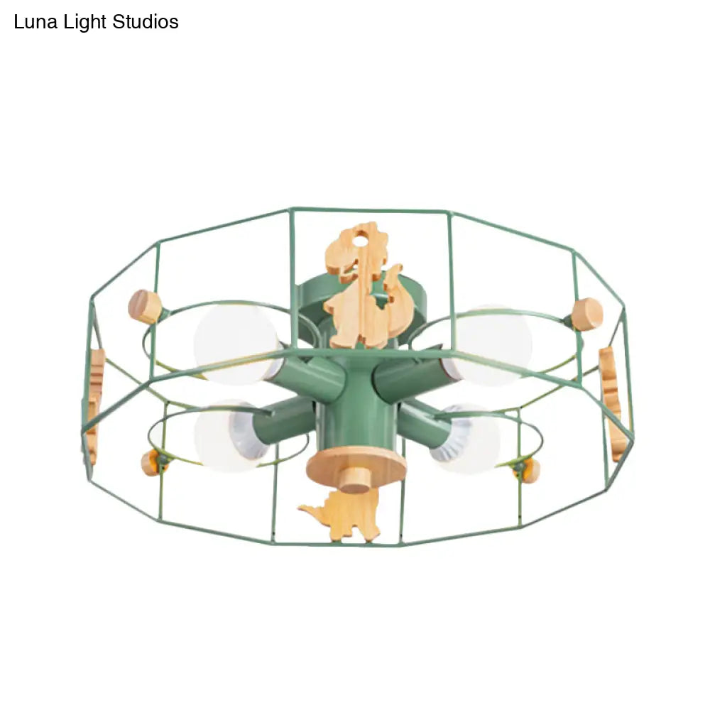 DecorBites™ DecorBites™ Semi Flush Cartoon Iron Drum Frame Light with 4 Green Lights - Close to Ceiling Lamp