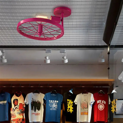 ديكوربايتس™ مصباح سقف شبه مسطح من ديكوربايتس™ مع لمبة مكشوفة، تصميم عجلة صناعي باللون الأبيض/الأحمر المعدني