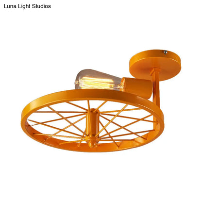 ديكوربايتس™ مصباح سقف شبه مسطح من ديكوربايتس™ مع لمبة مكشوفة، تصميم عجلة صناعي باللون الأبيض/الأحمر المعدني