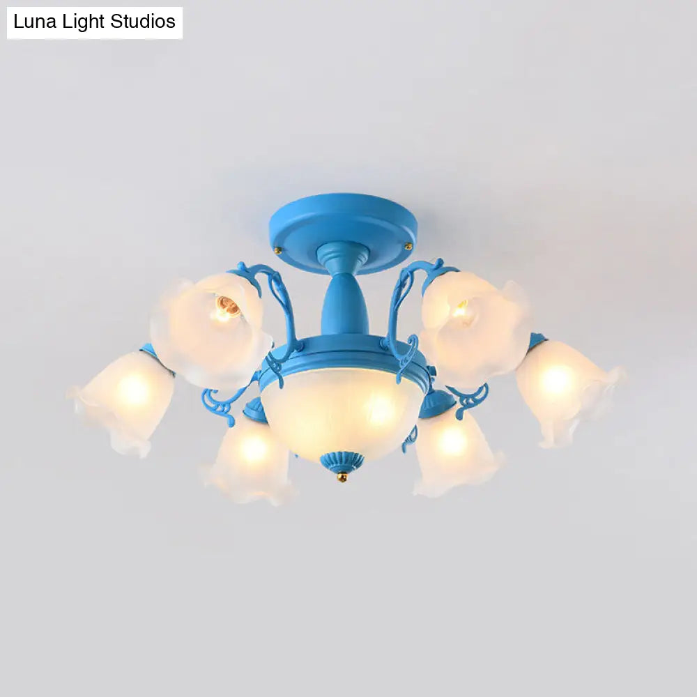 Semi Flush Chandelier - Korean Garden Parlor Ceiling Light with Rotating Bell Frosted Glass Shade in Grey/Blue (8/11 Heads)