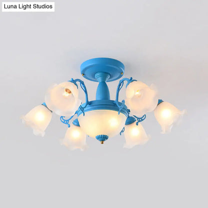 Semi Flush Chandelier - Korean Garden Parlor Ceiling Light with Rotating Bell Frosted Glass Shade in Grey/Blue (8/11 Heads)