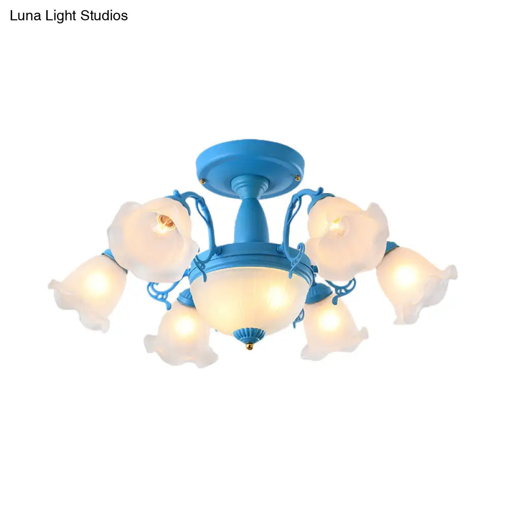 Semi Flush Chandelier - Korean Garden Parlor Ceiling Light with Rotating Bell Frosted Glass Shade in Grey/Blue (8/11 Heads)