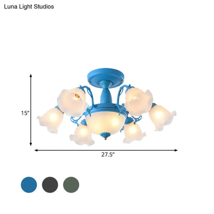 Semi Flush Chandelier - Korean Garden Parlor Ceiling Light with Rotating Bell Frosted Glass Shade in Grey/Blue (8/11 Heads)