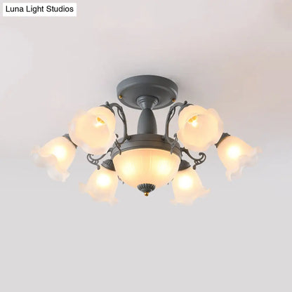 Semi Flush Chandelier - Korean Garden Parlor Ceiling Light with Rotating Bell Frosted Glass Shade in Grey/Blue (8/11 Heads)