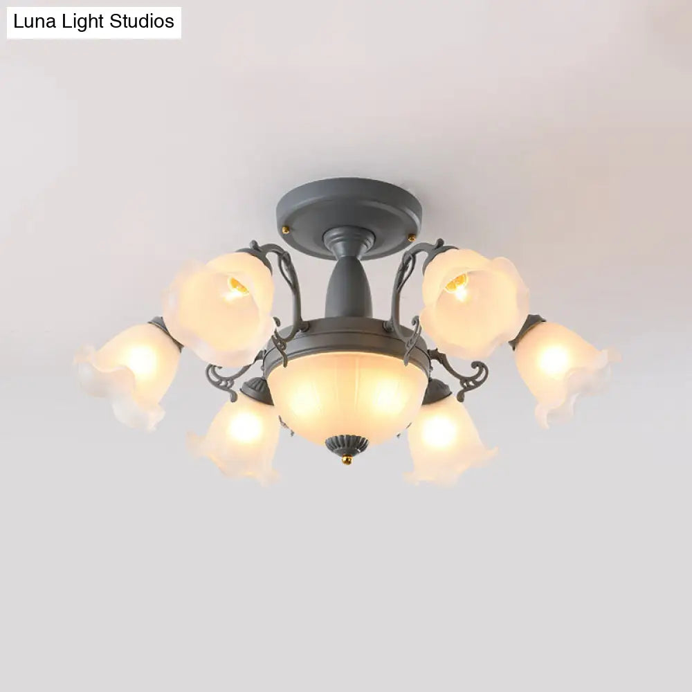 Semi Flush Chandelier - Korean Garden Parlor Ceiling Light with Rotating Bell Frosted Glass Shade in Grey/Blue (8/11 Heads)