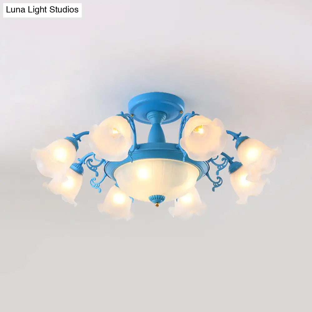 Semi Flush Chandelier - Korean Garden Parlor Ceiling Light with Rotating Bell Frosted Glass Shade in Grey/Blue (8/11 Heads)