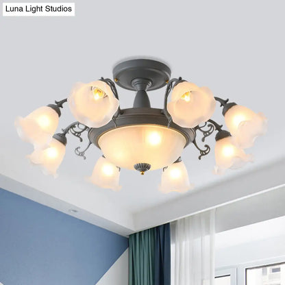 Semi Flush Chandelier - Korean Garden Parlor Ceiling Light with Rotating Bell Frosted Glass Shade in Grey/Blue (8/11 Heads)