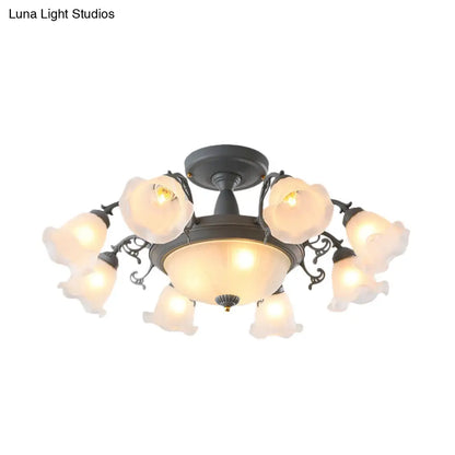 Semi Flush Chandelier - Korean Garden Parlor Ceiling Light with Rotating Bell Frosted Glass Shade in Grey/Blue (8/11 Heads)