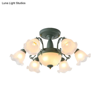 Semi Flush Chandelier - Korean Garden Parlor Ceiling Light with Rotating Bell Frosted Glass Shade in Grey/Blue (8/11 Heads)