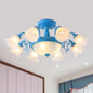 Semi Flush Chandelier - Korean Garden Parlor Ceiling Light with Rotating Bell Frosted Glass Shade in Grey/Blue (8/11 Heads)