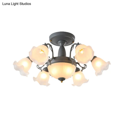 Semi Flush Chandelier - Korean Garden Parlor Ceiling Light with Rotating Bell Frosted Glass Shade in Grey/Blue (8/11 Heads)